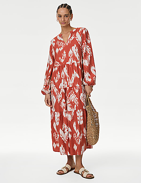 Linen Rich Printed V-Neck Midaxi Dress