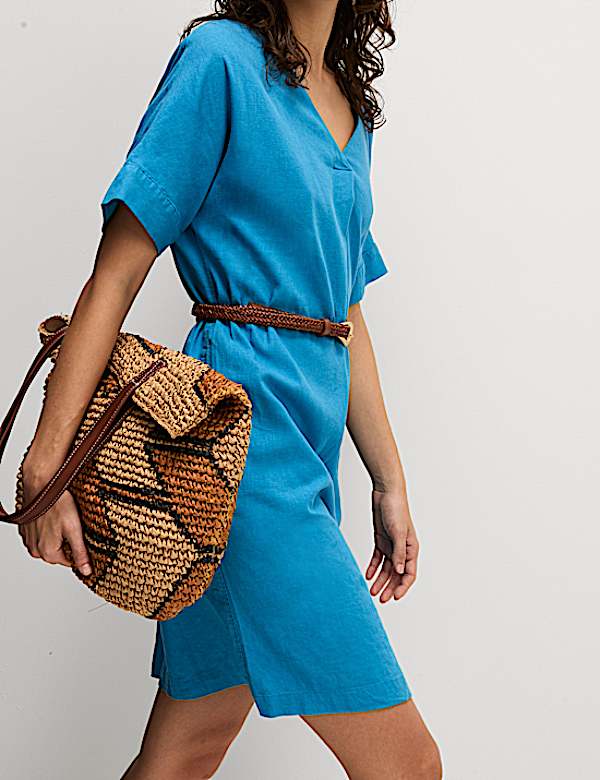 Linen Rich V-Neck Mini Shift Dress