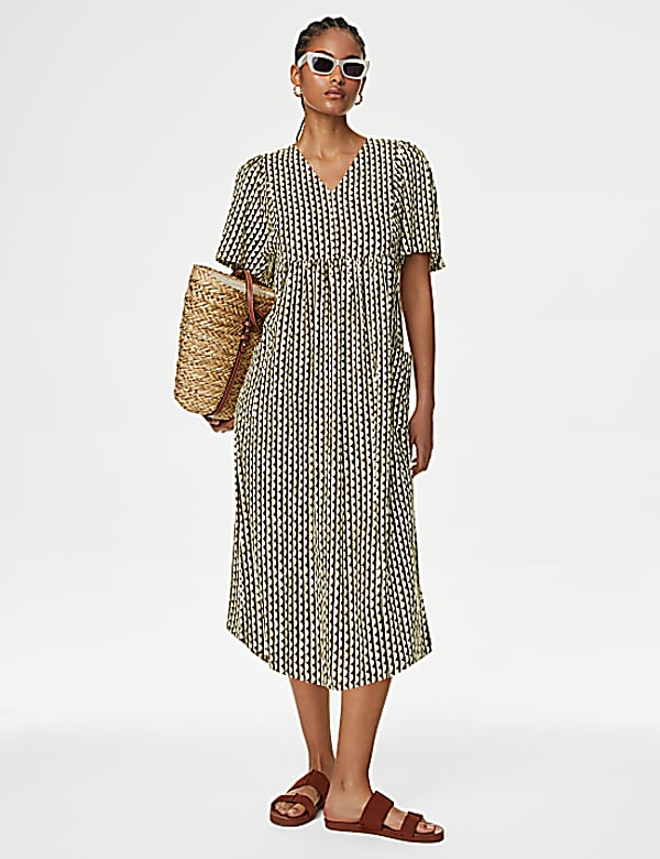 Linen Rich V-Neck Midi Kimono Shift Dress