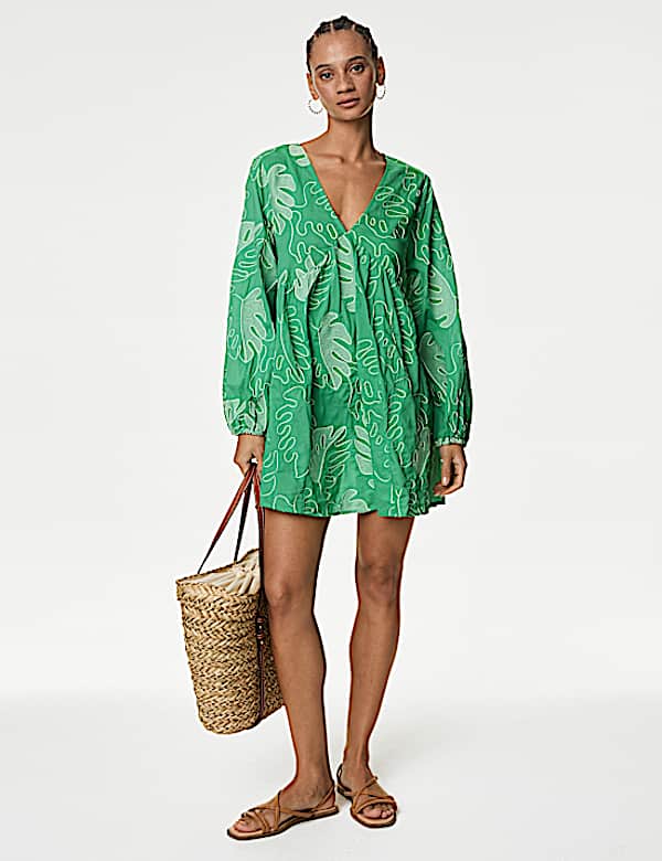 Pure Cotton Embroidered V-Neck Mini Beach Dress