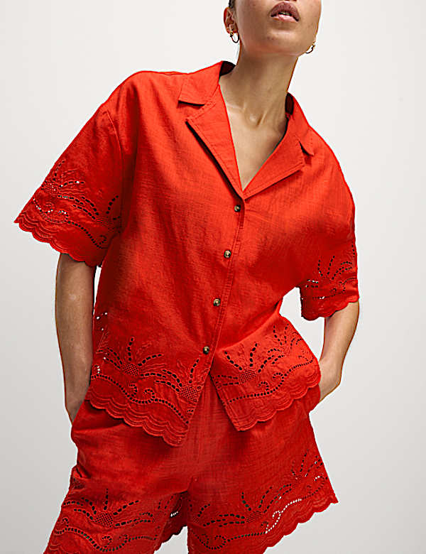 Pure Cotton Broderie Collared Button Through Beach Shirt
