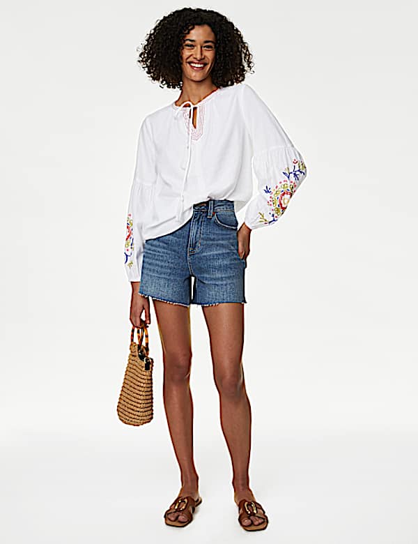 Linen Rich Embroidered Tie Neck Blouse