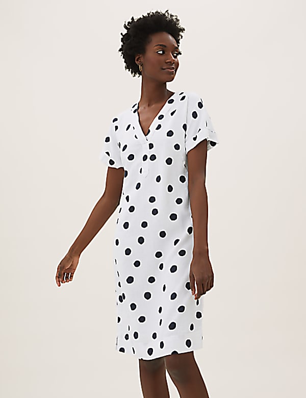 Linen Blend Polka Dot Shift Dress
