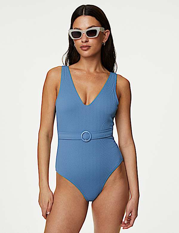 Ribbed Padded Belted Plunge Swimsuit