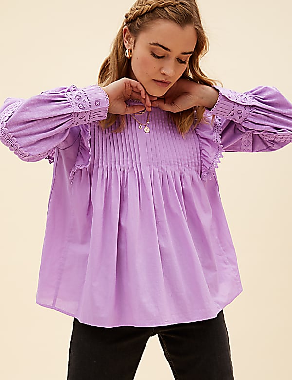 Pure Cotton Pintuck Ruffle Long Sleeve Top