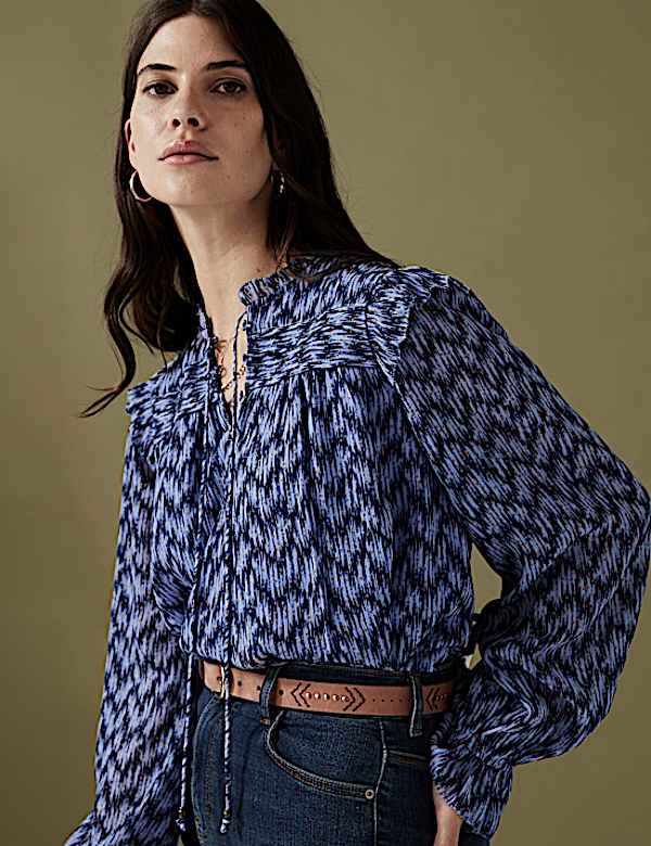 Floral Tie Neck Pintuck Ruffle Blouse