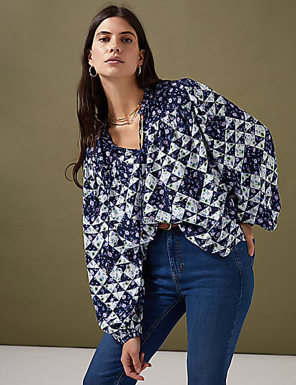 Geometric Tie Neck Puff Sleeve Blouse