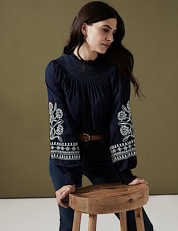 Embroidered Funnel Neck Blouse