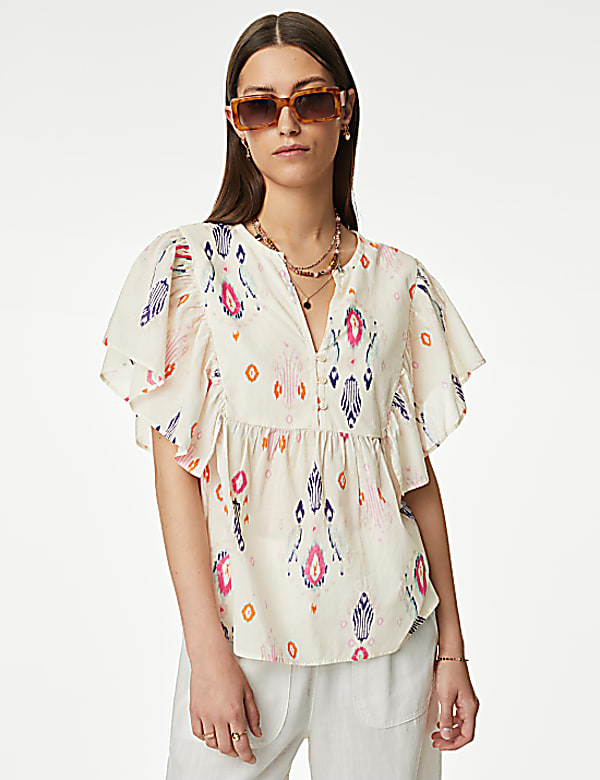 Pure Cotton Printed Notch Neck Blouse