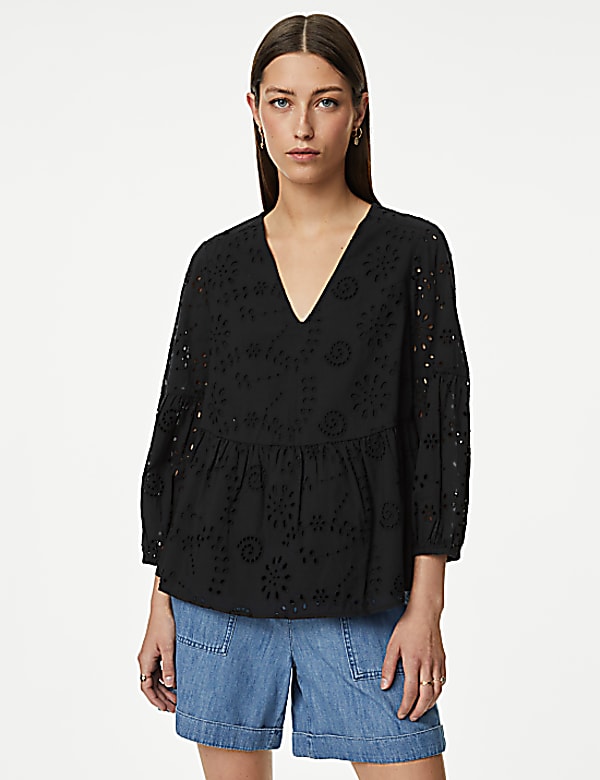 Pure Cotton Broderie V-Neck Blouse