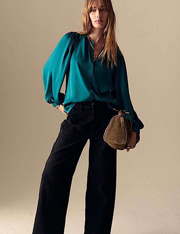 Satin Collarless Button Through Blouse