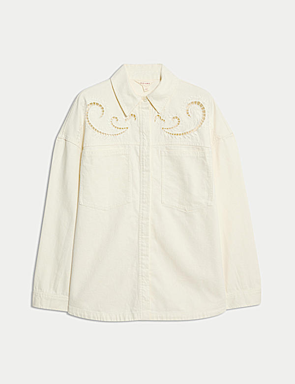 Pure Cotton Denim Collared Cutwork Shirt