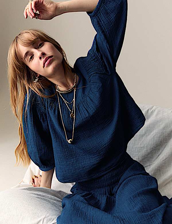 Pure Cotton Round Neck Gathered Popover Blouse