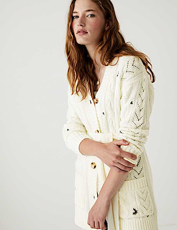 Embroidered Belted Cardigan with Wool