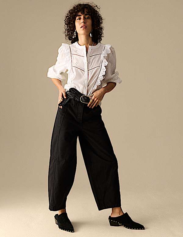 Pure Cotton Seam Detail Barrel Leg Trousers