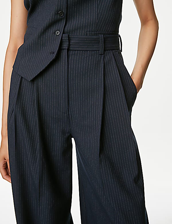 Pinstripe Pleat Front Wide Leg Trousers