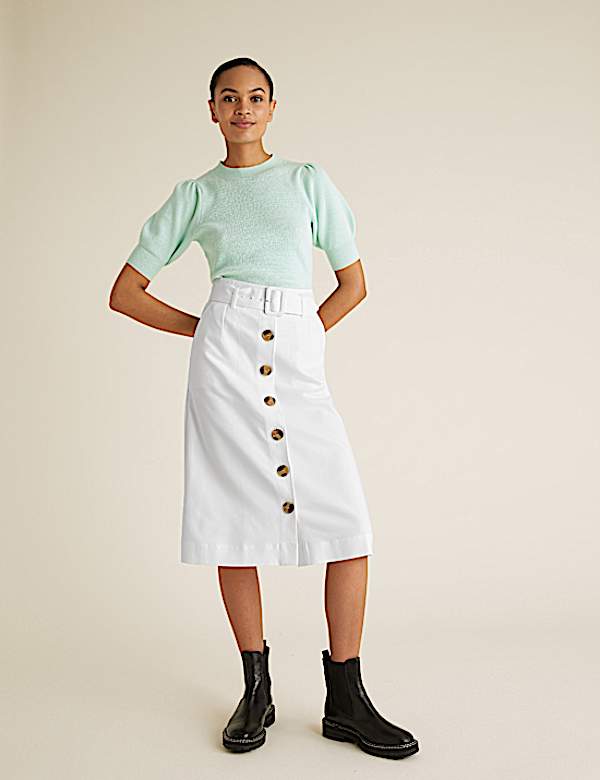 Button Front Midi A-Line Skirt