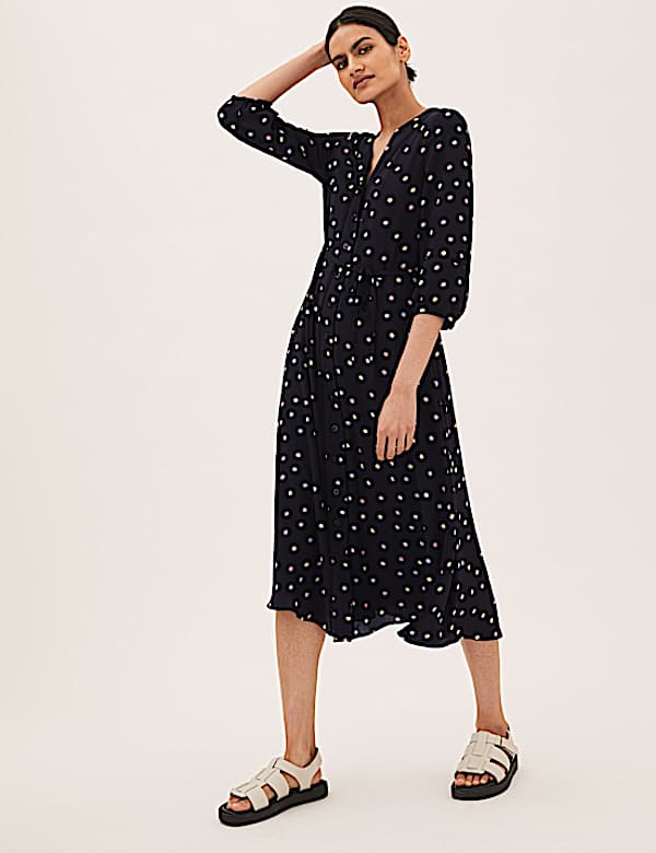 Polka Dot Lace Insert Belted Midi Dress