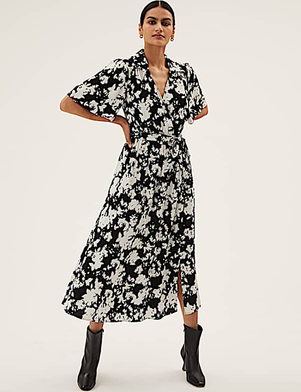 Floral V-Neck Angel Sleeve Midi Wrap Dress