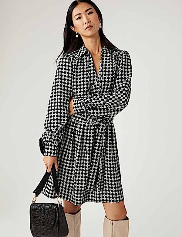 Checked Tie Neck Mini Waisted Dress