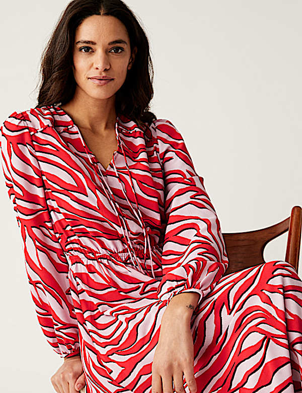 Zebra Print Tie Neck Midaxi Waisted Dress