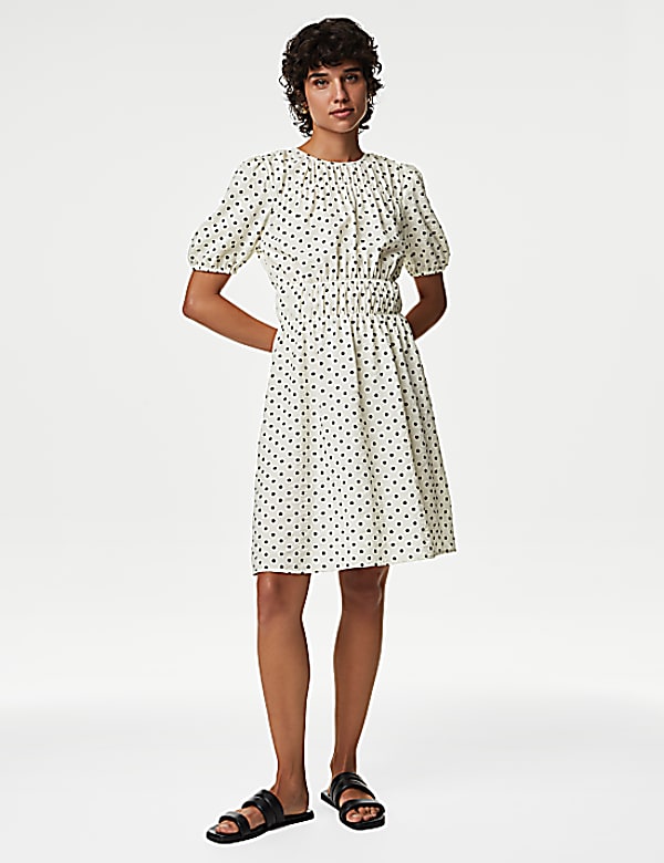 Polka Dot Textured Mini Smock Dress