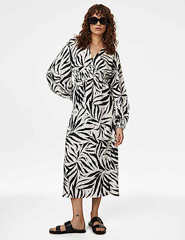 Printed V-Neck Midi Tea Dress