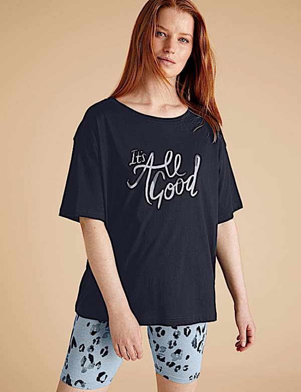 Cotton Slogan Top Cycling Shorts Pyjama Set