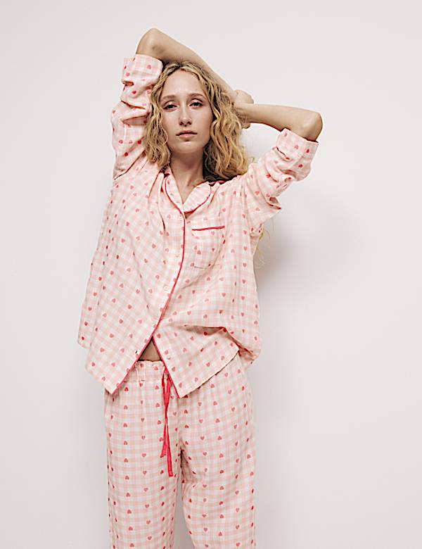 Cotton Rich Checked Heart Print Pyjama Top