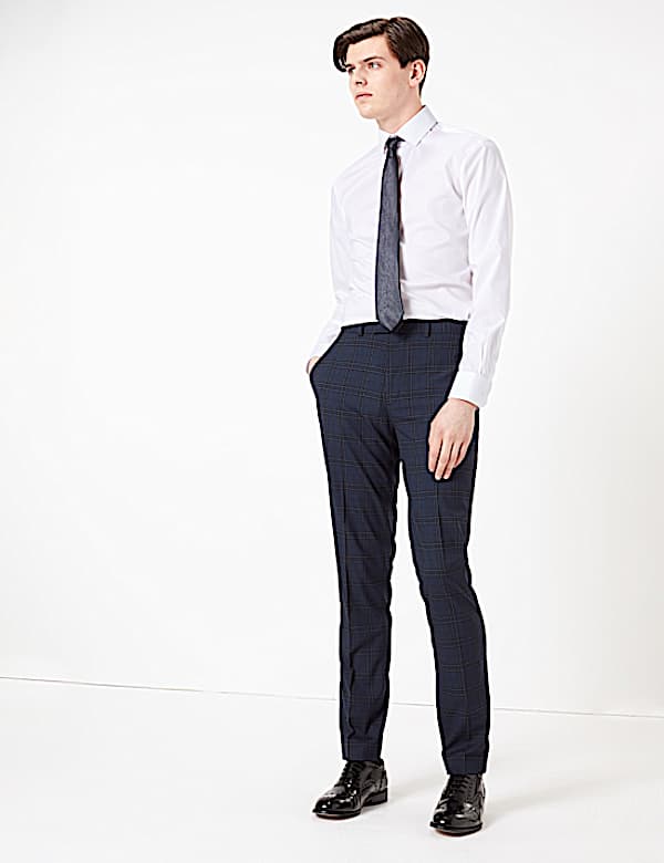 Blue Slim Fit Checked Trousers