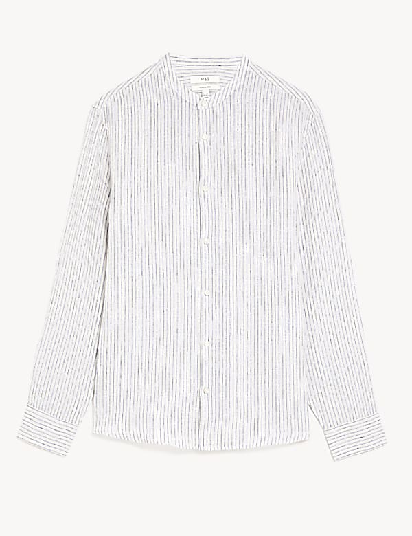 Pure Linen Striped Grandad Collar Shirt
