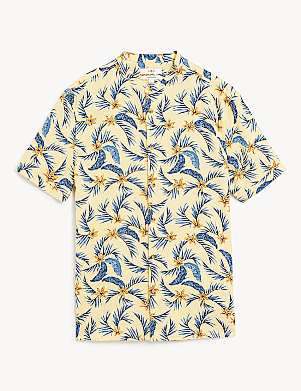 Linen Blend Floral Grandad Collar Shirt
