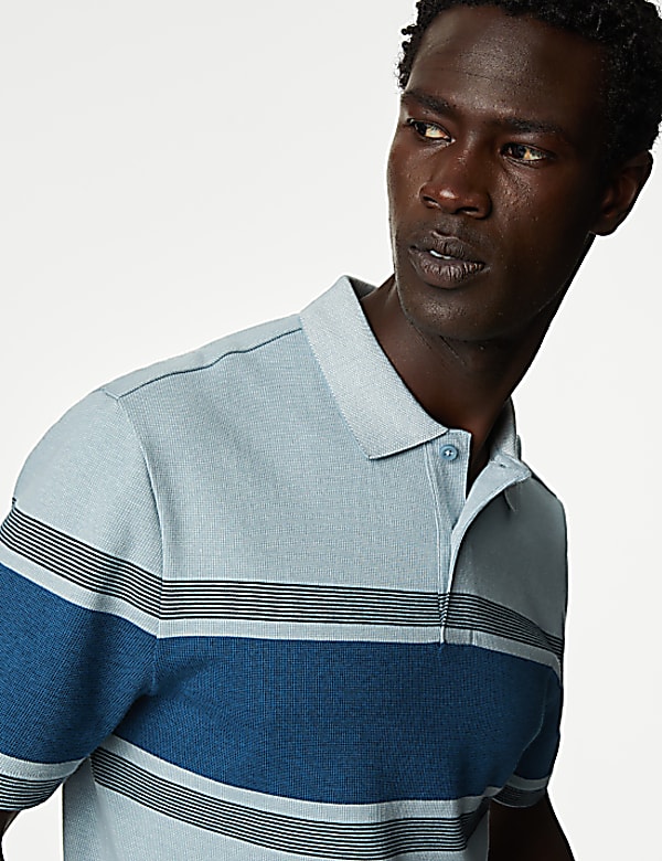 Pure Cotton Striped Double Knit Polo Shirt