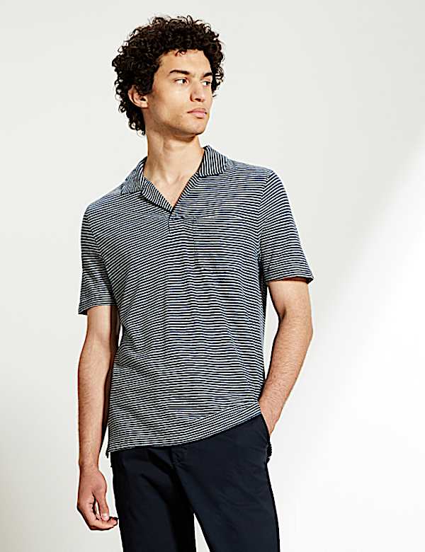 Cotton And Linen Striped Open Collar Polo Shirt