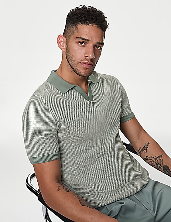 Cotton Rich Open Neck Knitted Polo Shirt