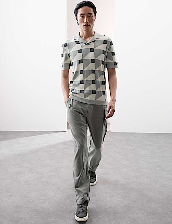 Pure Cotton Geometric Knitted Polo Shirt