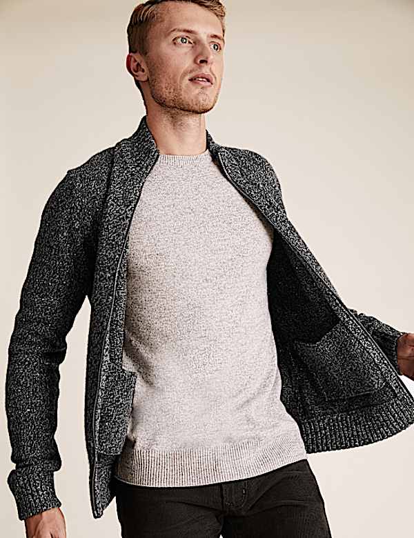 Lambswool Textured Zip Up Cardigan