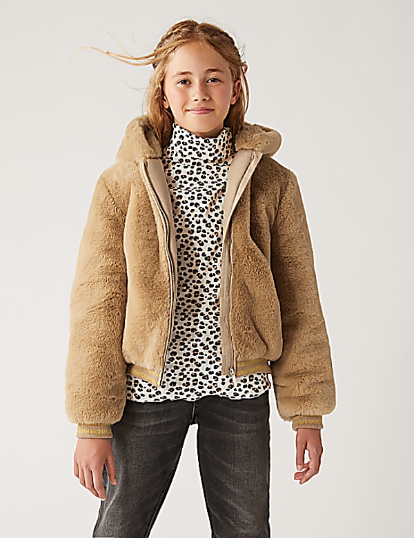 Faux fur hooded bomber jacket deals