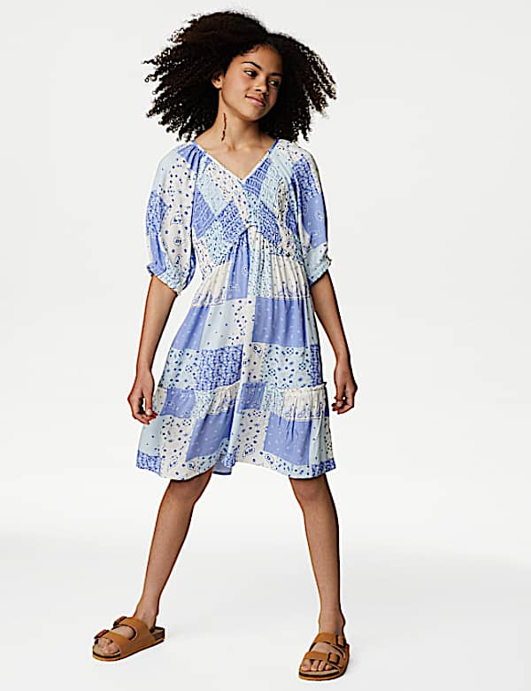 Patchwork Print Shirred Tiered Dress (6-16 Yrs)