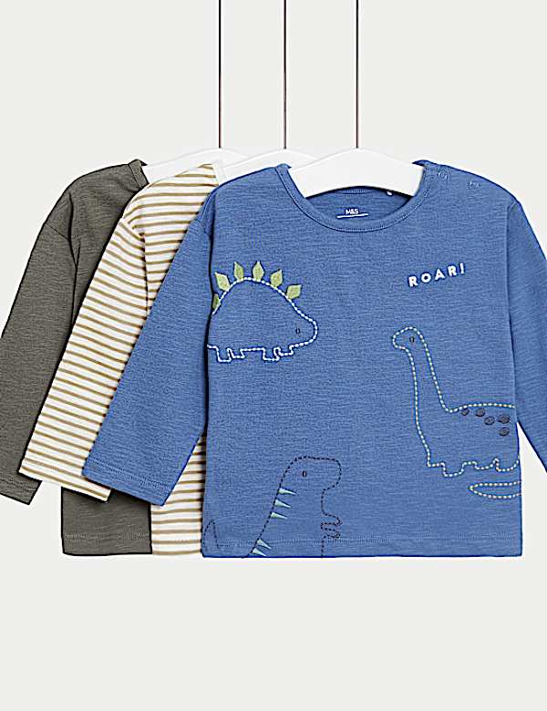 3pk Pure Cotton Dinosaur & Striped Tops (0-3 Yrs)