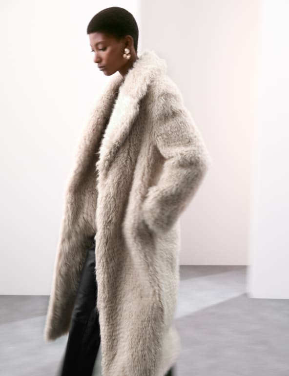 Faux Fur Revere Collar Longline Coat Autograph M S