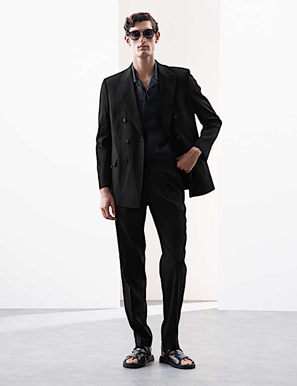 Tailored Fit Italian Performance Linen Blend Double Breasted Suit - JP