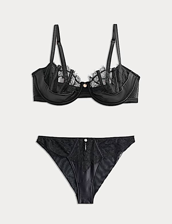 Liana Satin & Lace Wired Quarter Cup Balcony Bra Set A-E - FI