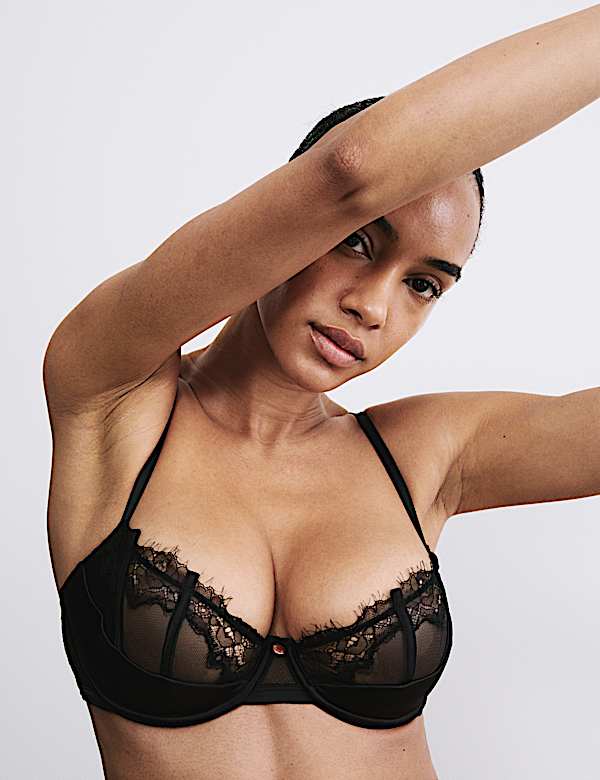 Liana Satin & Lace Wired Quarter Cup Balcony Bra Set A-E - FI