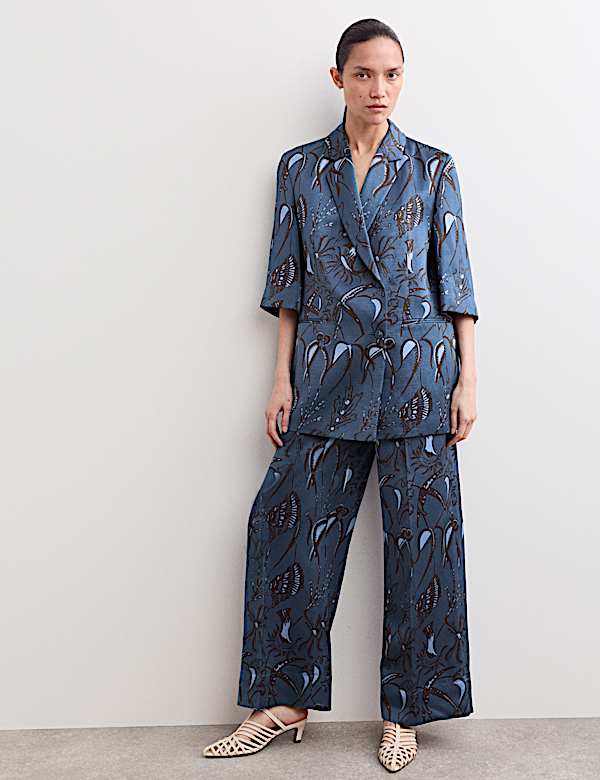 Printed Short Sleeve Longline Blazer & Trouser Set - BE