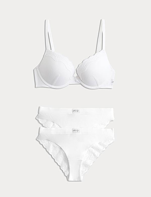 Juni Cotton Rib Wired Push-Up Plunge Bra Set A-E - TW