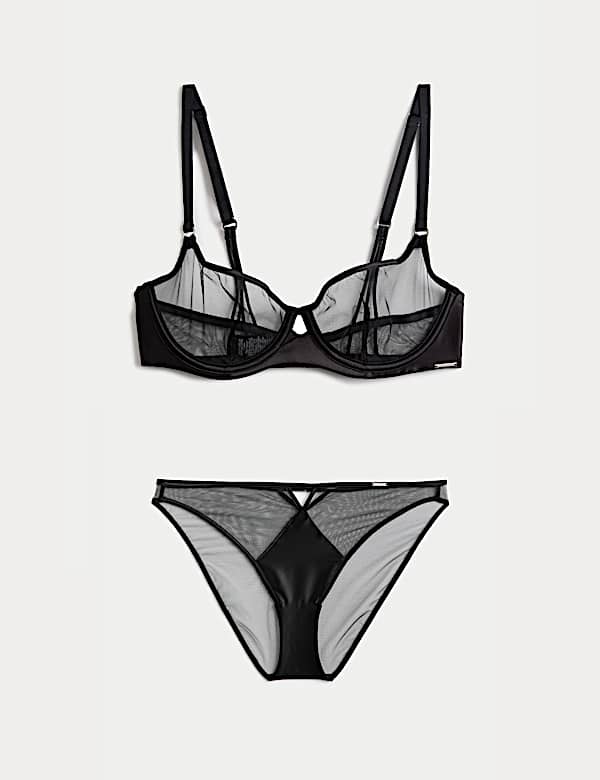 Black Label Satin & Mesh Wired Demi Cup Bra Set A-E - US