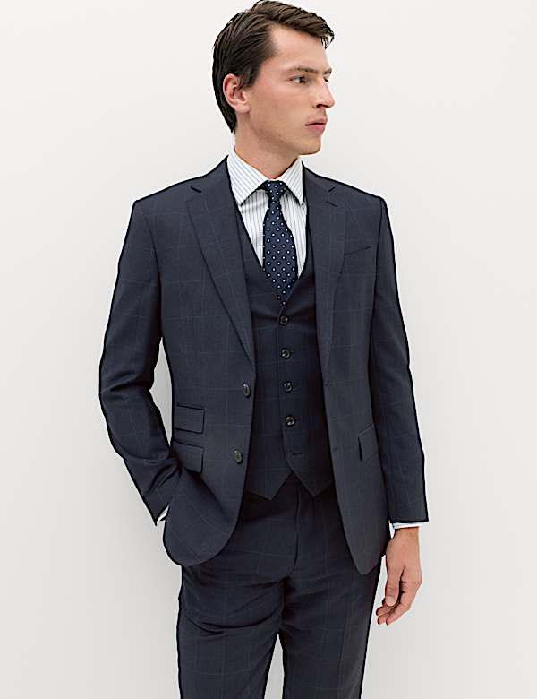 3 Piece Regular Fit Pure Wool Checked Suit