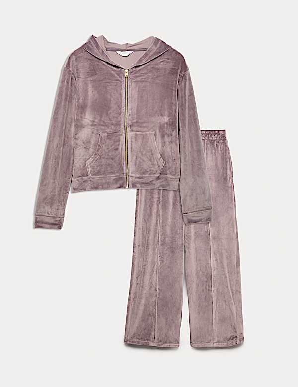 Domowy komplet welurowy z rozpinaną bluzą z kapturem - PL