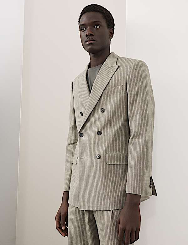 2 Piece Tailored Fit Italian Performance Linen Blend Pinstripe Suit - CA